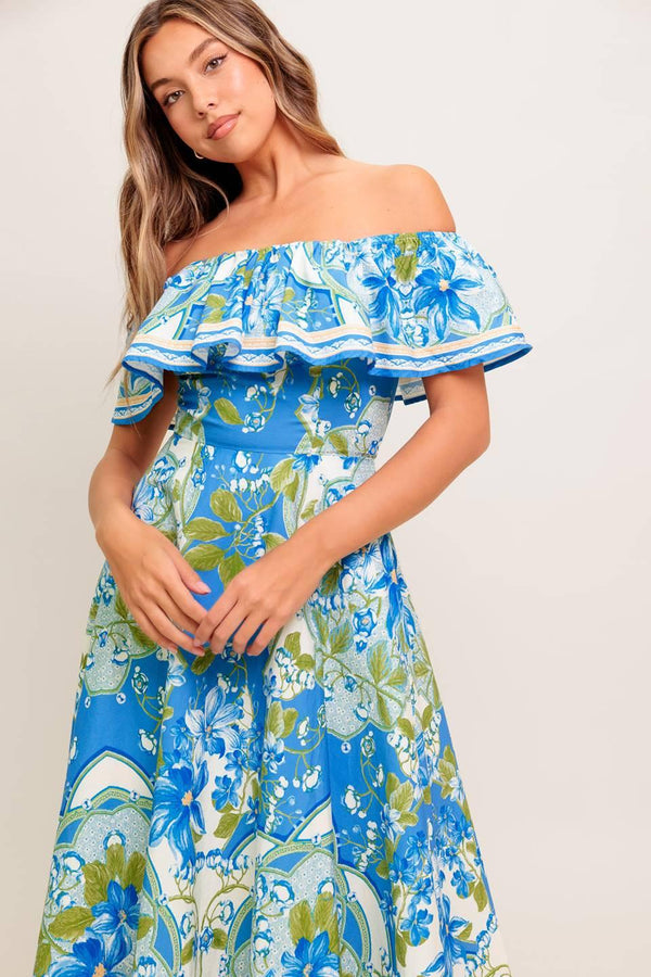 TROPICAL HAZE POWDER BLUE WOVEN MIDI DRESS.