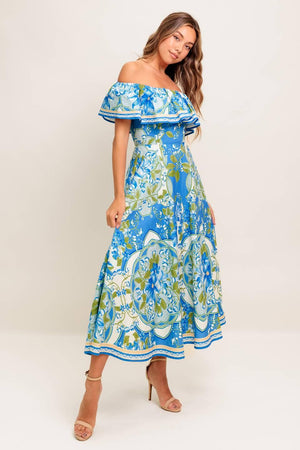TROPICAL HAZE POWDER BLUE WOVEN MIDI DRESS.