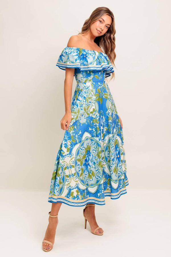TROPICAL HAZE POWDER BLUE WOVEN MIDI DRESS.