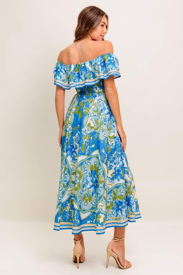 TROPICAL HAZE POWDER BLUE WOVEN MIDI DRESS.