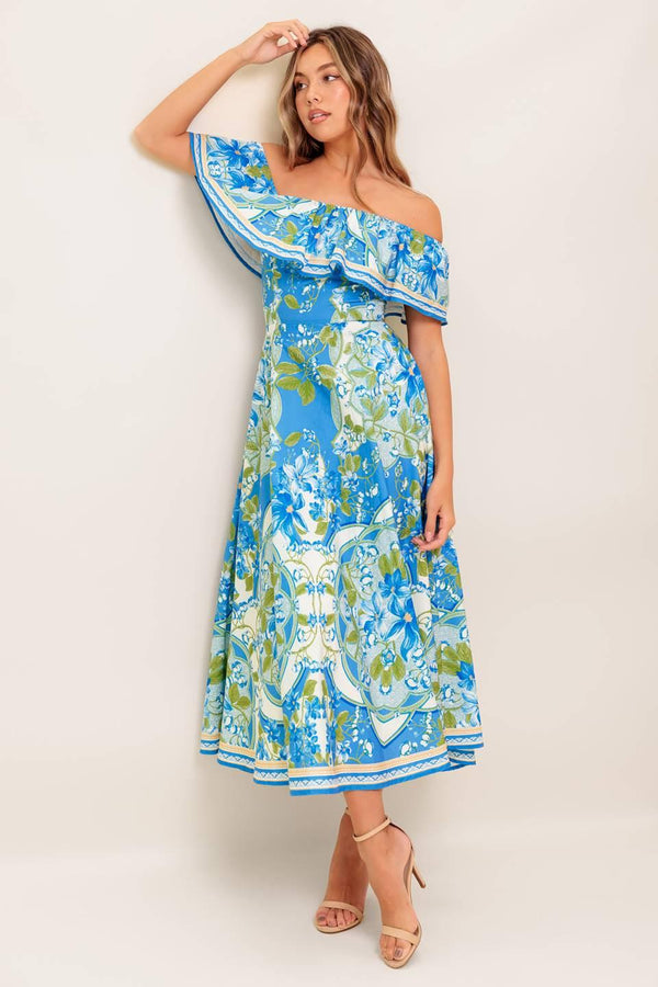 TROPICAL HAZE POWDER BLUE WOVEN MIDI DRESS.