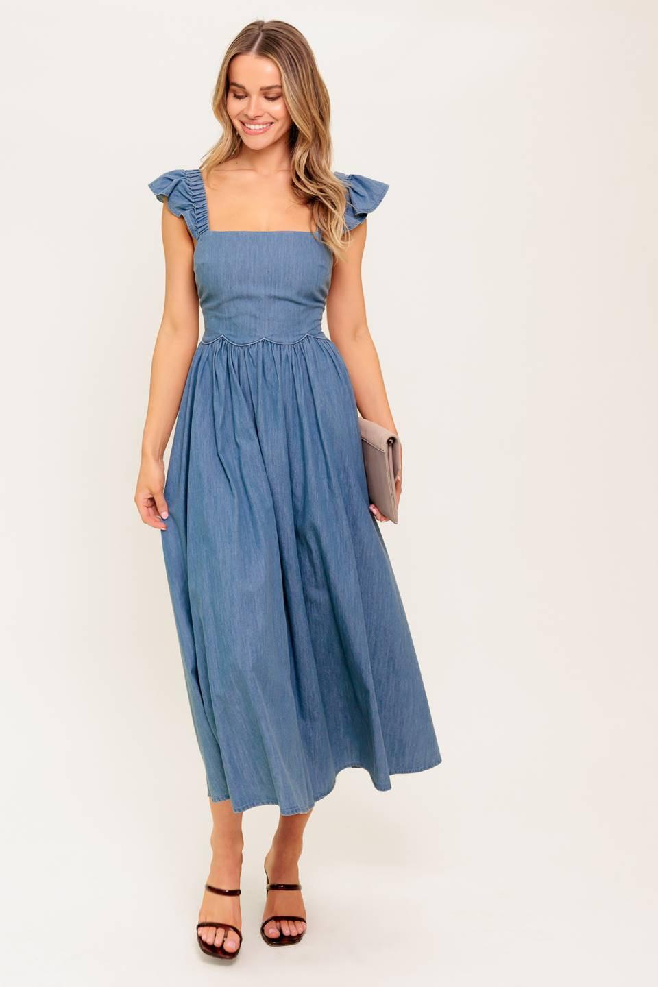 DRIFTWOOD PETAL CHAMBRAY MIDI DRESS L FLYING TOMATO INDIGO / L DRIFTWOOD PETAL CHAMBRAY MIDI DRESS L FLYING TOMATO INDIGO / L