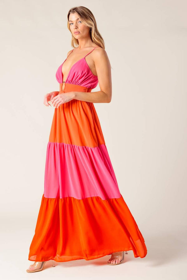 REGAL RISE WOVEN COLOR BLOCKED MAXI DRESS.