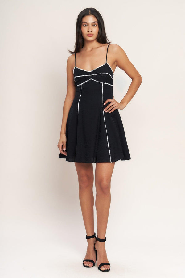 
A solid woven mini dress featuring cami top, straps, lace trim, circle skirt and back zipper closure

Details:

Self : 80% Rayon 20% Nylon
Lining : 100% Polyester Exclusive of Decoration

Size &amp; Fit

- Model is 5`8" And Wearing Size Small
- Measurements Taken From Size Small
- Approx. Length: 35" Flying Tomato