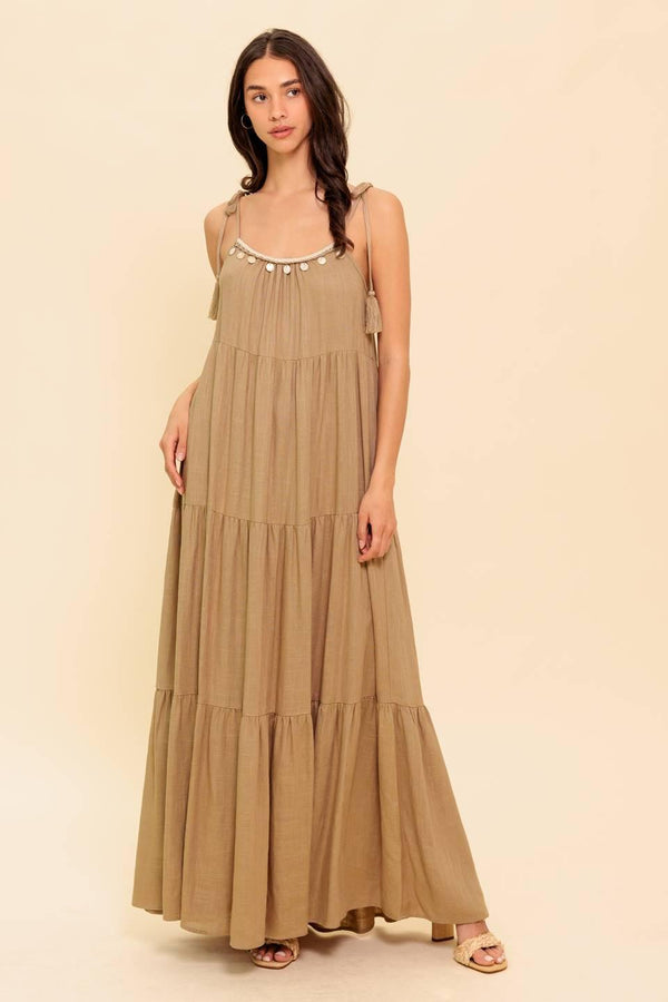 WORLD OF POSSIBLILITIES TAUPE WOVEN MAXI DRESS.