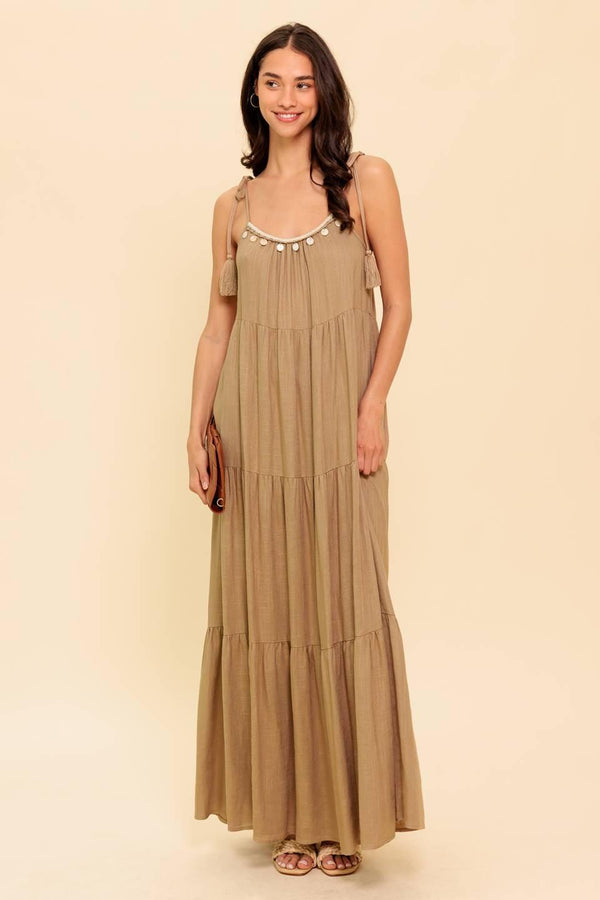 WORLD OF POSSIBLILITIES TAUPE WOVEN MAXI DRESS.