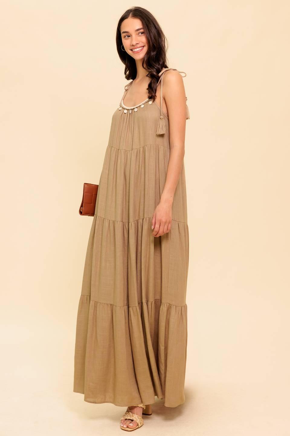 WORLD OF POSSIBLILITIES TAUPE WOVEN MAXI DRESS.