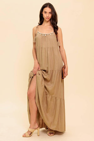 WORLD OF POSSIBLILITIES TAUPE WOVEN MAXI DRESS.
