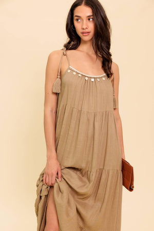 WORLD OF POSSIBLILITIES TAUPE WOVEN MAXI DRESS.