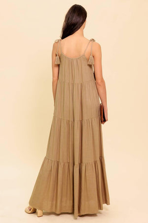 WORLD OF POSSIBLILITIES TAUPE WOVEN MAXI DRESS.