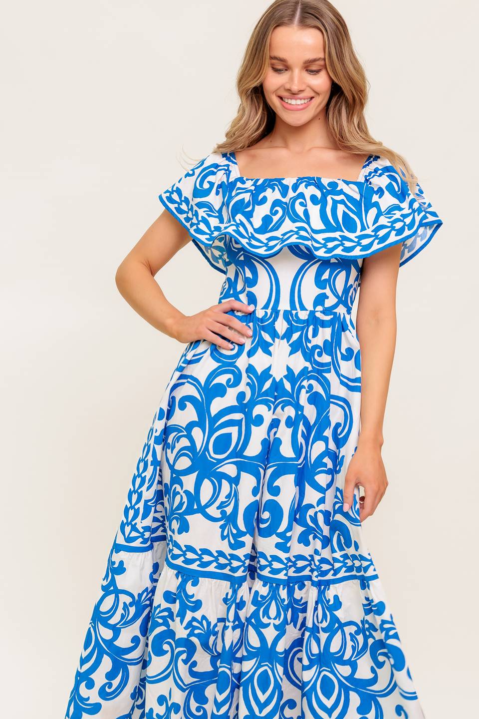 BLOOM SERENADE BLUE WOVEN MIDI DRESS
