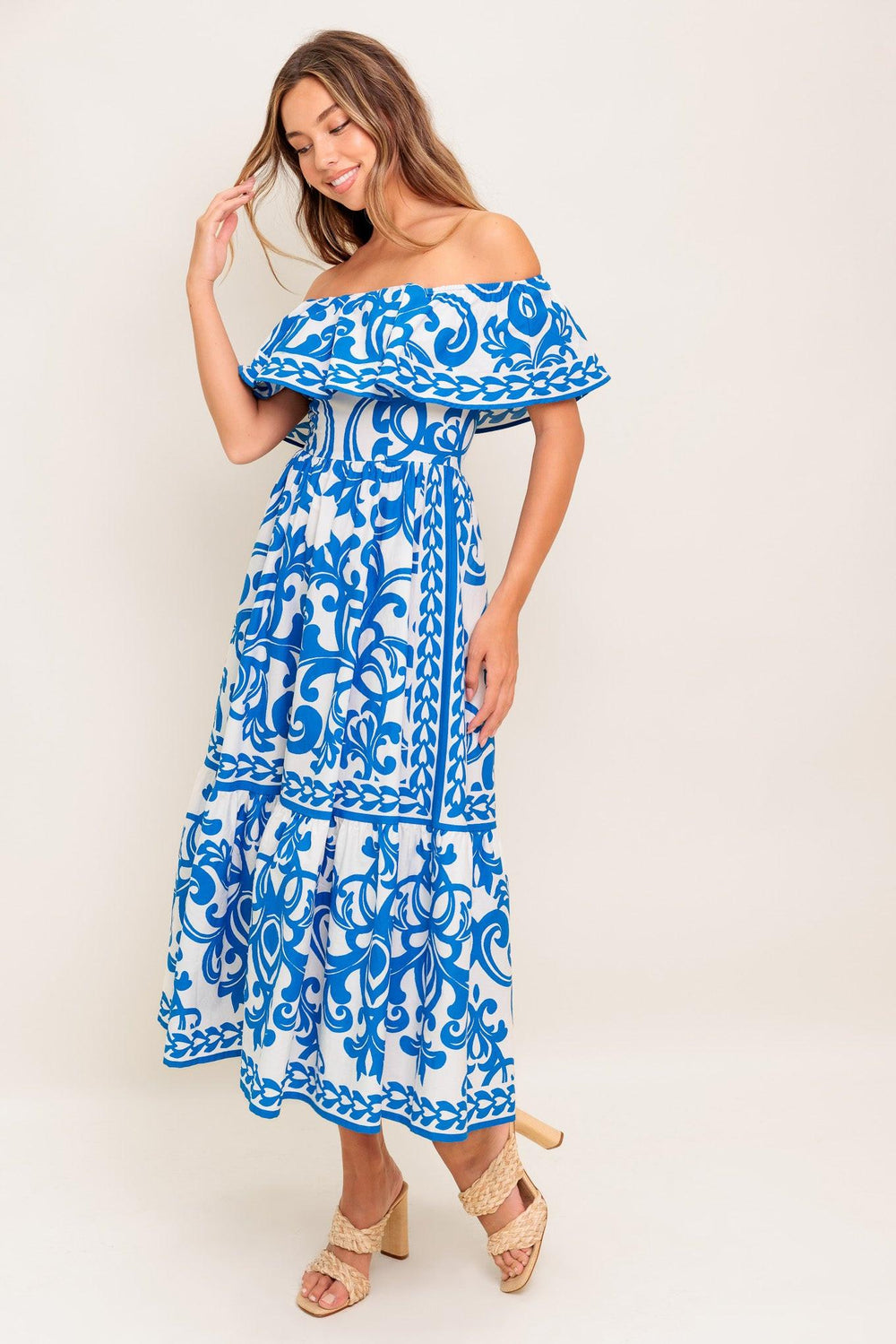 BLOOM SERENADE BLUE WOVEN MIDI DRESS.