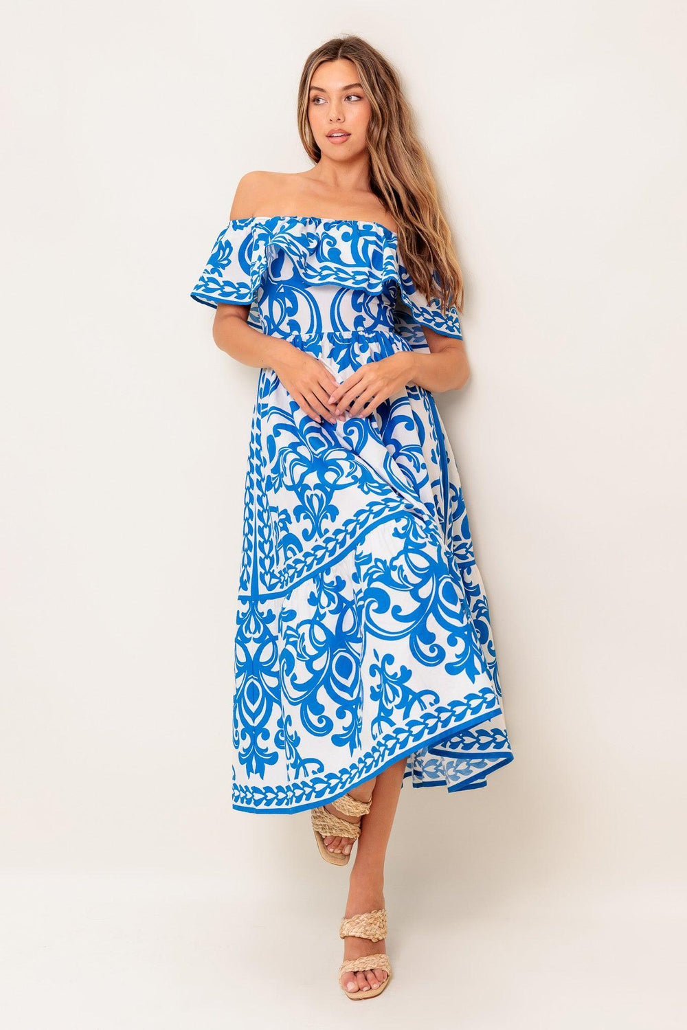 BLOOM SERENADE BLUE WOVEN MIDI DRESS.