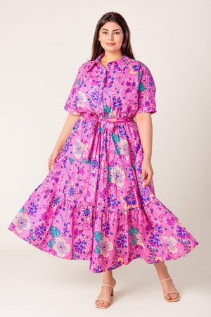 CELESTIAL SKIES WOVEN MIDI DRESS.