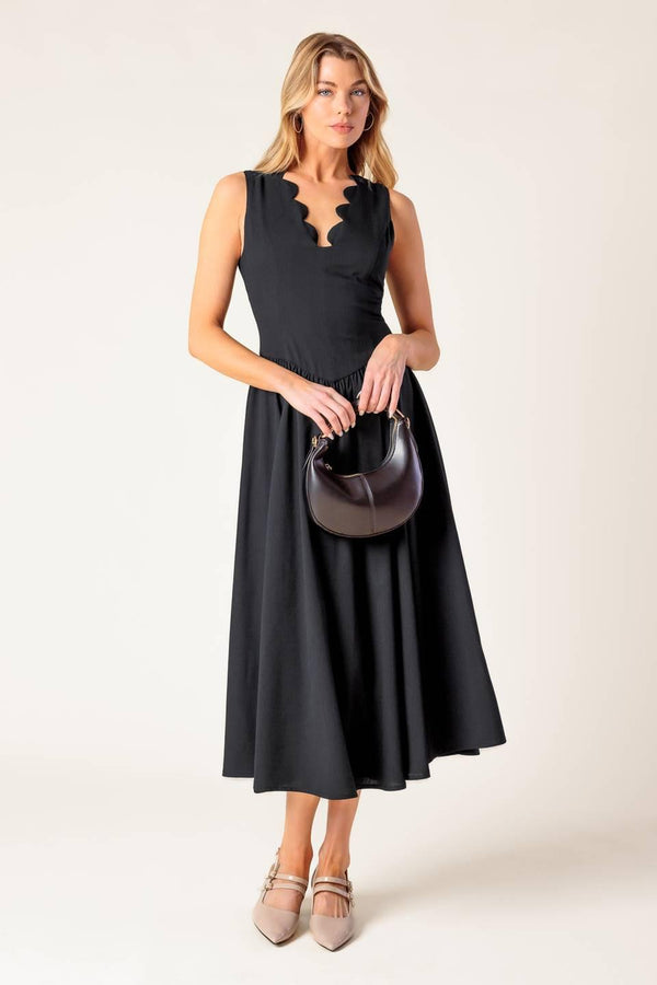 FOR THE RECORD BLACK WOVEN MIDI DRESS.