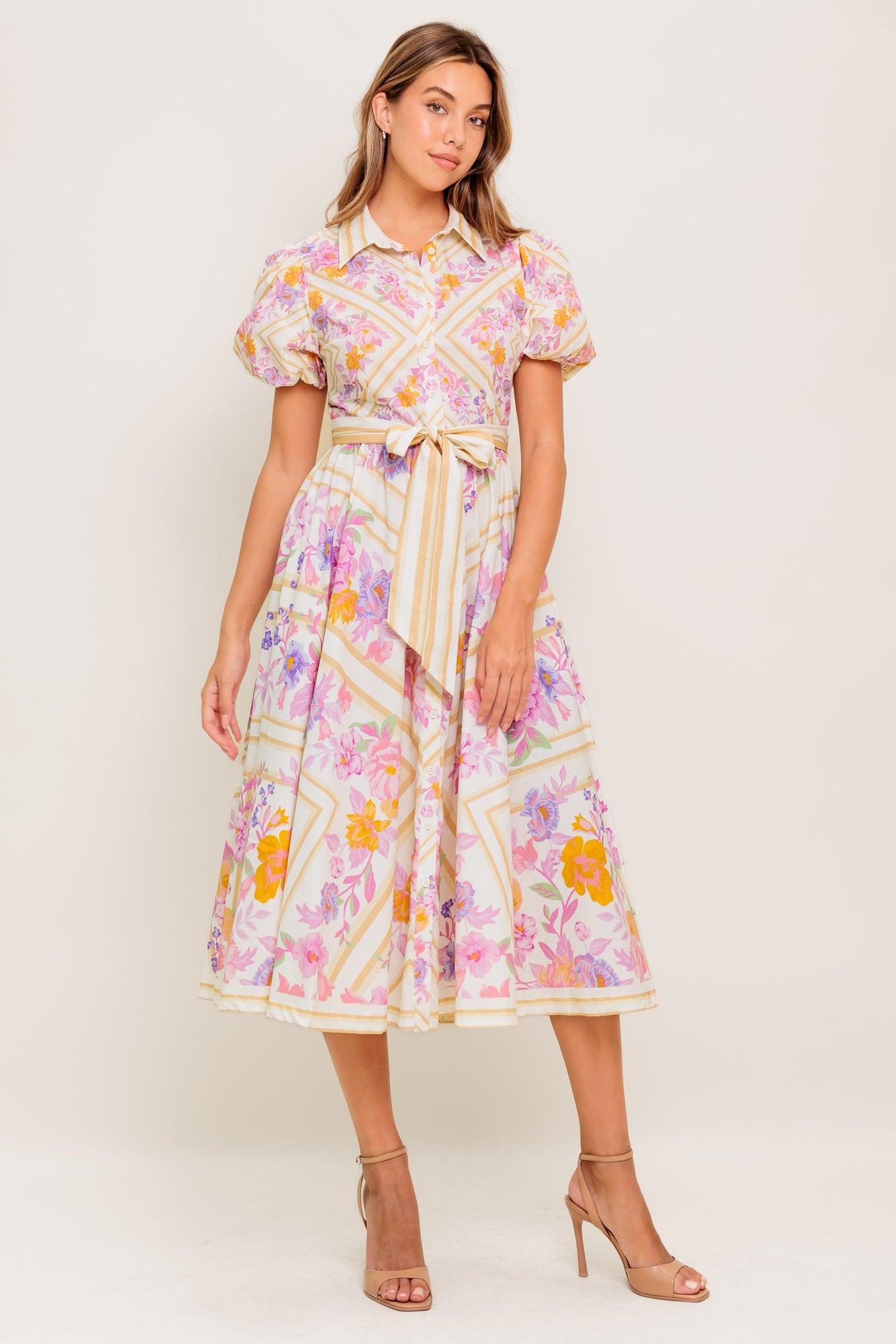 PETAL WHISPER WOVEN MIDI DRESS.
