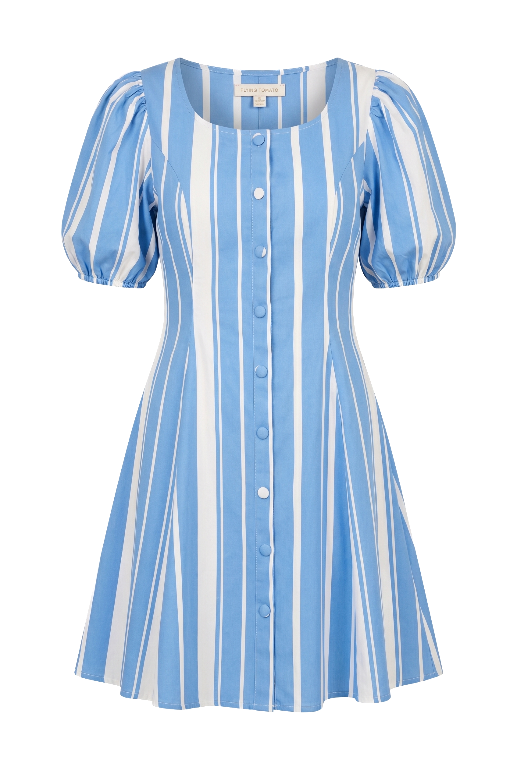 A blue and white stripe, printed woven mini dress featuring wide round neckline, short puff sleeve, front button down detail and back zipper closure on a white background | Flying Tomato