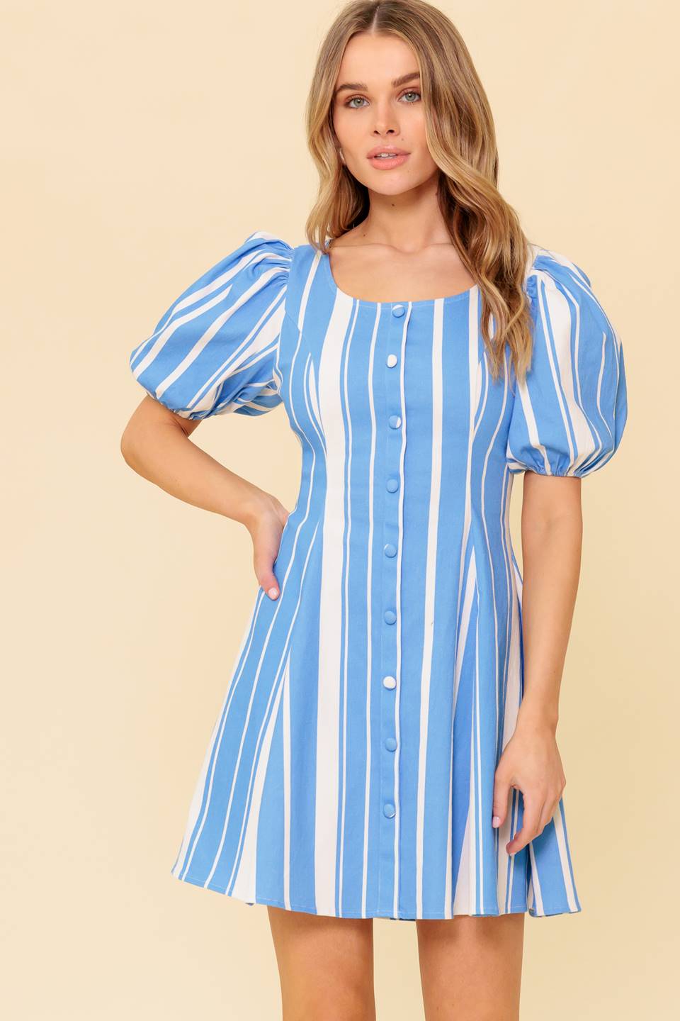 A blue and white stripe, printed woven mini dress featuring wide round neckline, short puff sleeve, front button down detail and back zipper closure