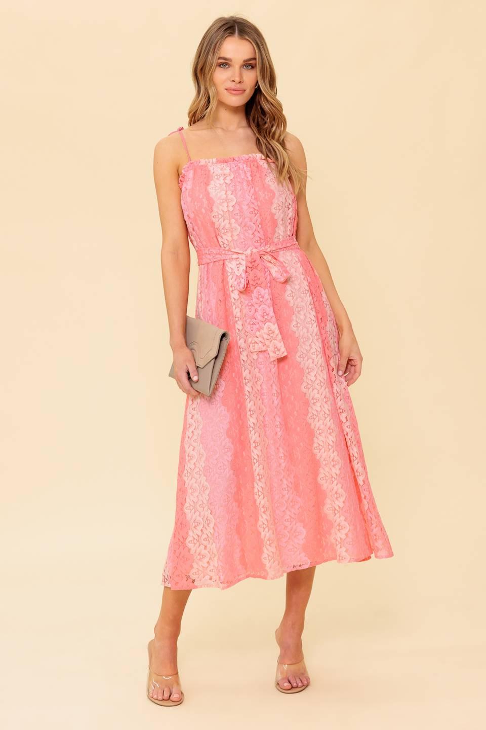 A printed woven lace midi dress featuring straight neckline with ruffled edge, straps and self sash tie