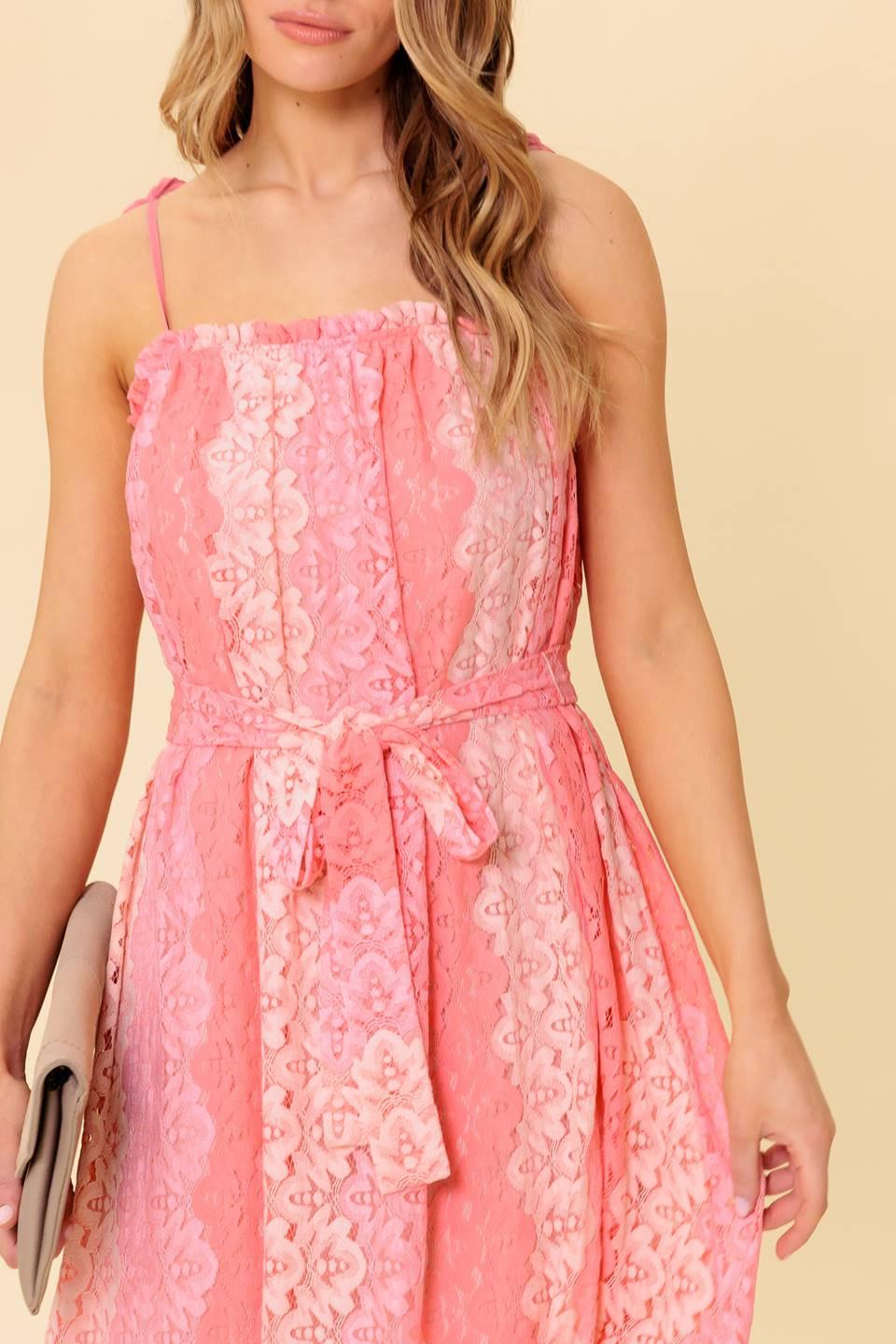 A printed woven lace midi dress featuring straight neckline with ruffled edge, straps and self sash tie