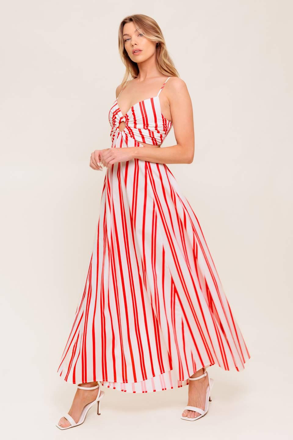 DREAM PETALS RED STRIPE WOVEN ANKLE DRESS.