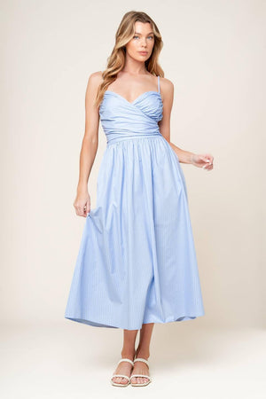SUMMER INVITE PASTEL BLUE WOVEN MIDI DRESS.