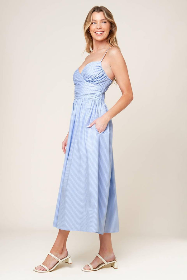 SUMMER INVITE PASTEL BLUE WOVEN MIDI DRESS.