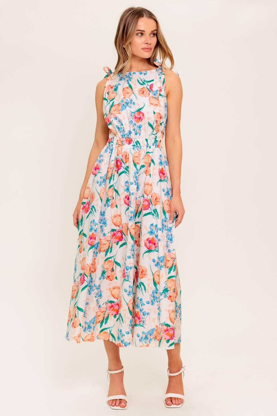 WHISPERING FLORA WOVEN MIDI DRESS.