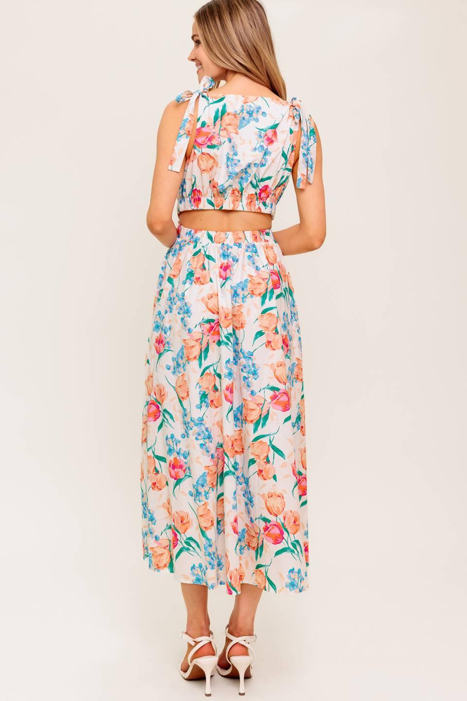 WHISPERING FLORA WOVEN MIDI DRESS.