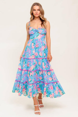 SOFT BLOOM BLUE WOVEN MIDI DRESS.