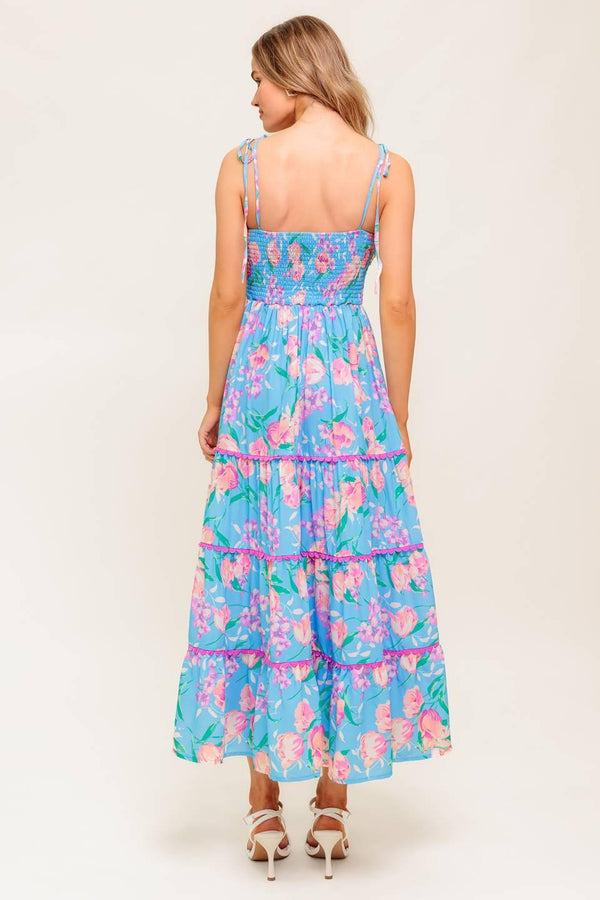 SOFT BLOOM BLUE WOVEN MIDI DRESS.