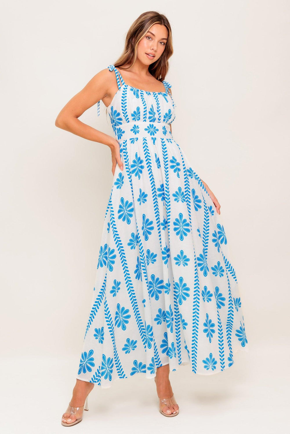BLUE NOIR FLORAL WOVEN MAXI DRESS.
