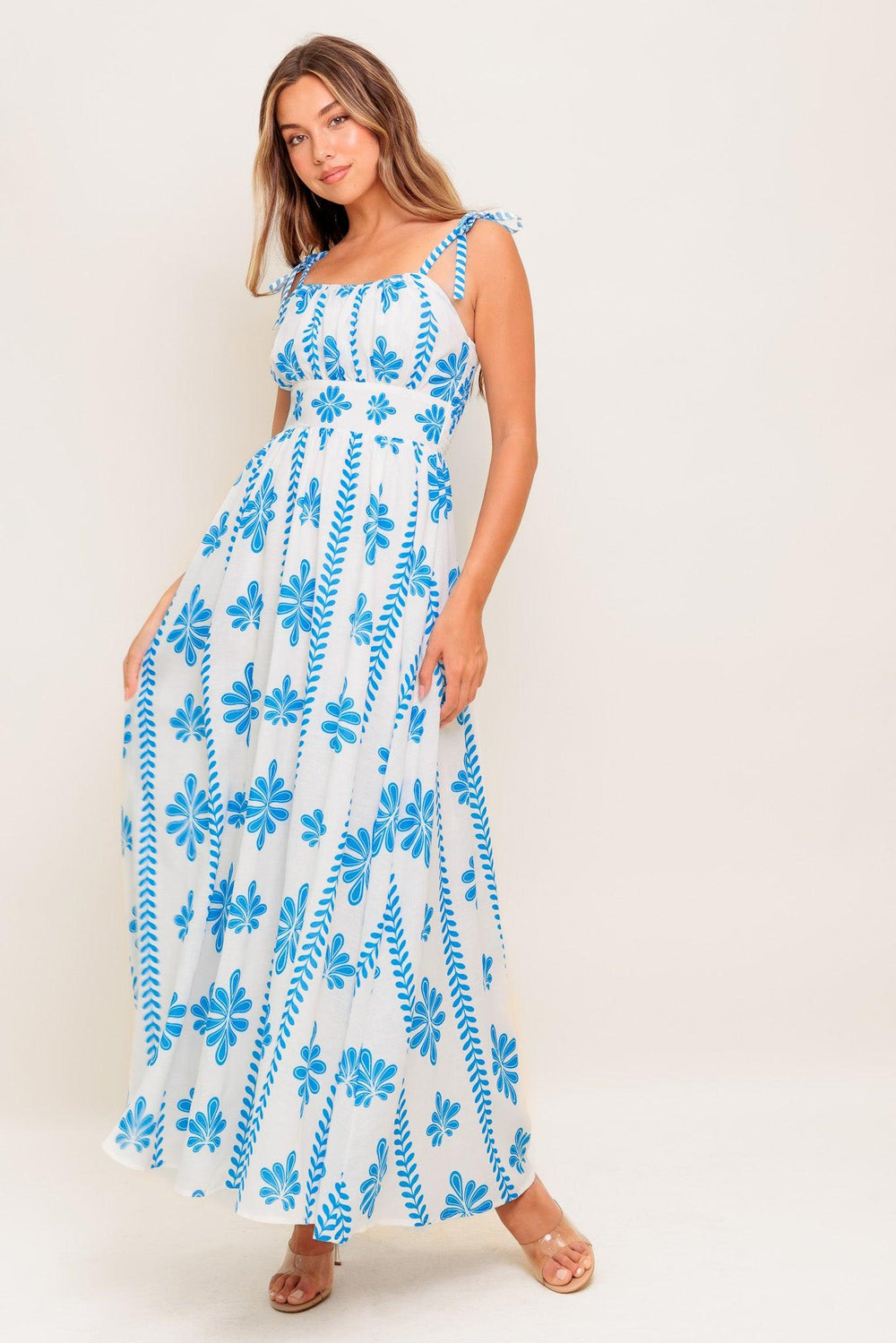 BLUE NOIR FLORAL WOVEN MAXI DRESS.