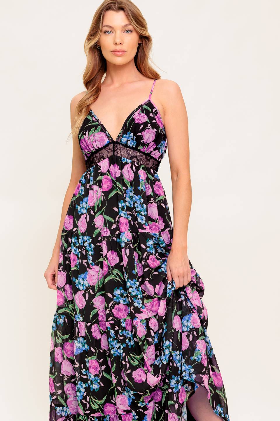 A printed woven maxi dress featuring cami top, lace waistband, tiered skirt and elasticized back waistband