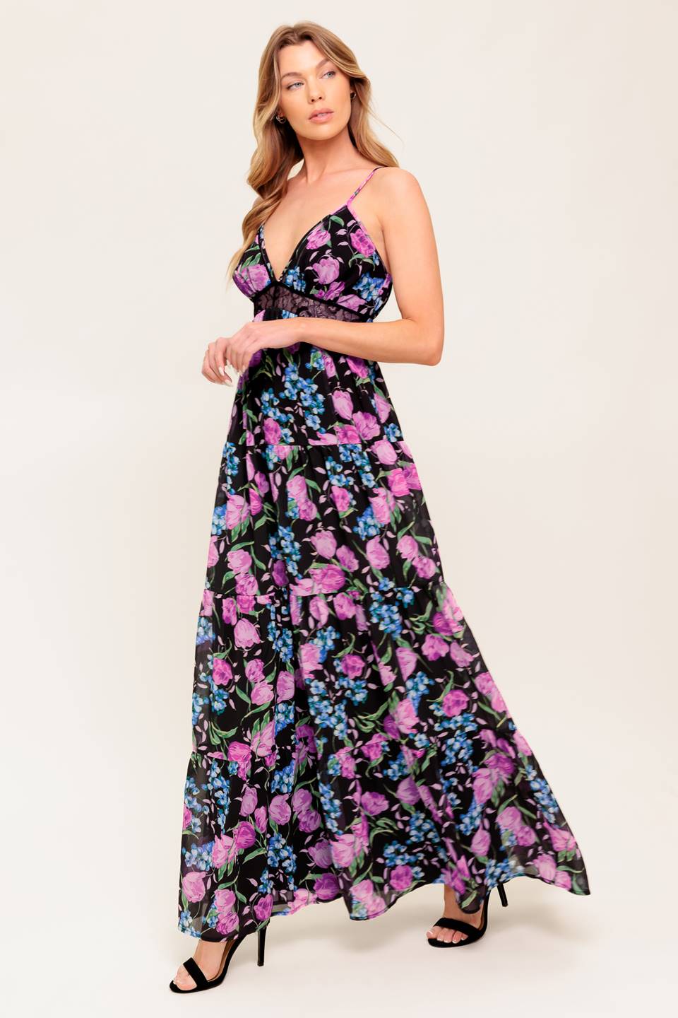 A printed woven maxi dress featuring cami top, lace waistband, tiered skirt and elasticized back waistband