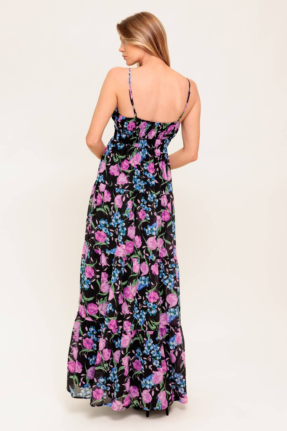 A printed woven maxi dress featuring cami top, lace waistband, tiered skirt and elasticized back waistband