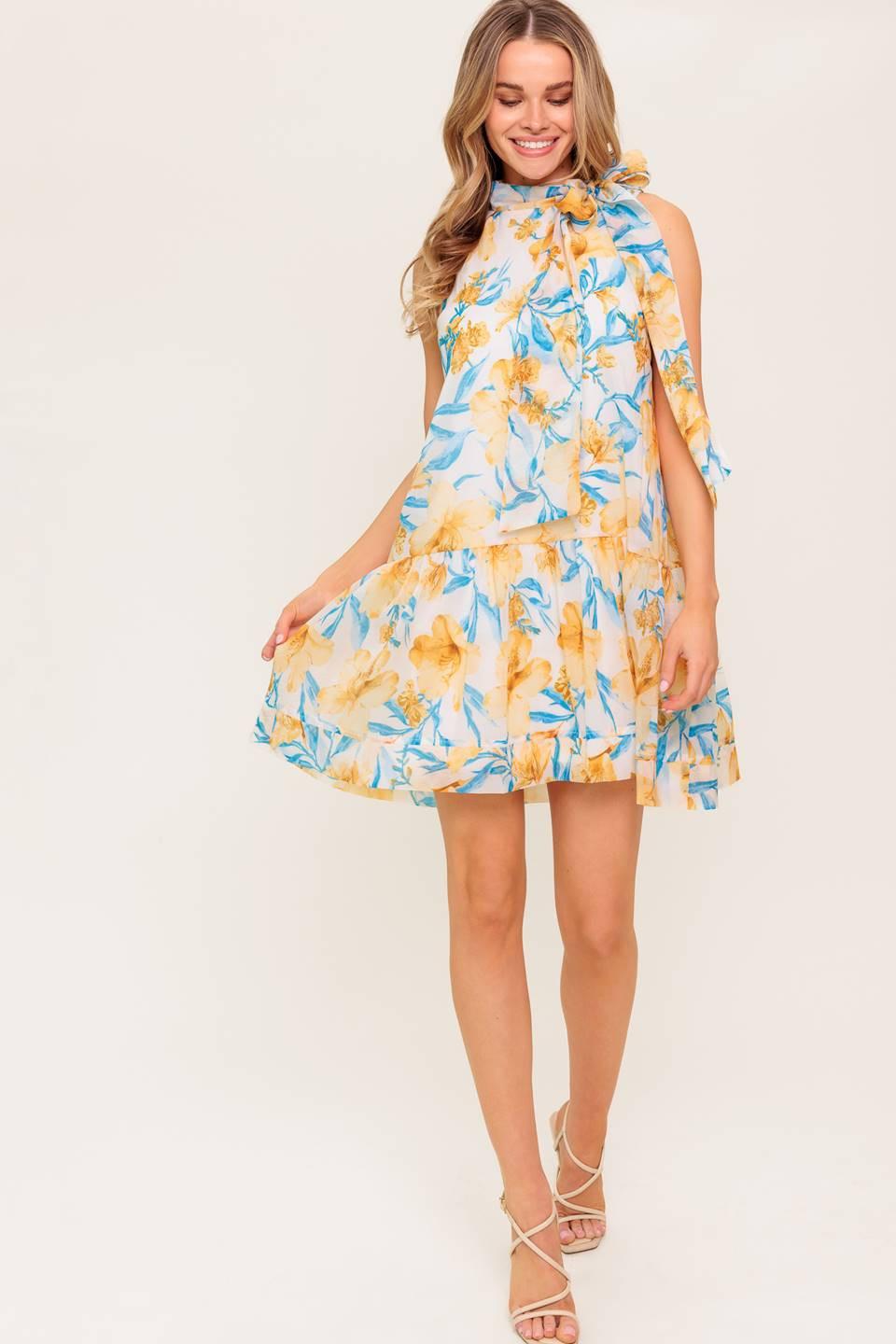 A printed woven mini dress featuring high neckline with bow tie, sleeveless, drop waist, ruffle hemline and back button closure.
