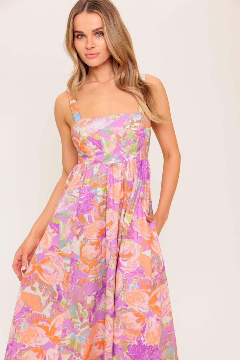 BREEZE SONG PINK WOVEN MIDI DRESS.