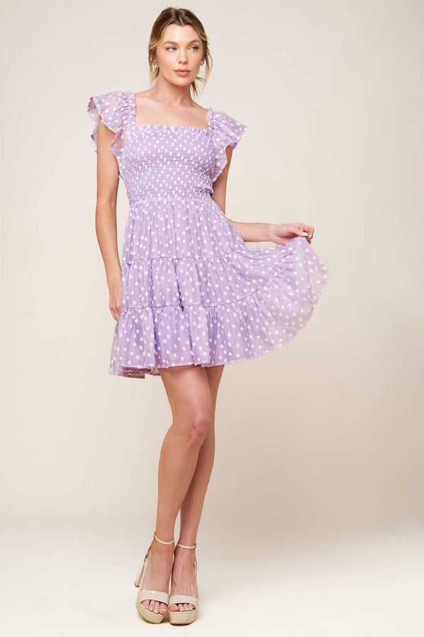PLAYFULLY POSH LAVENDER WOVEN MINI DRESS.