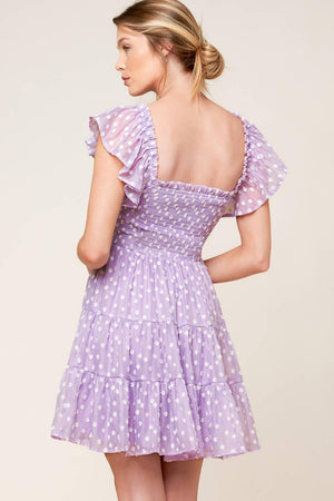PLAYFULLY POSH LAVENDER WOVEN MINI DRESS.