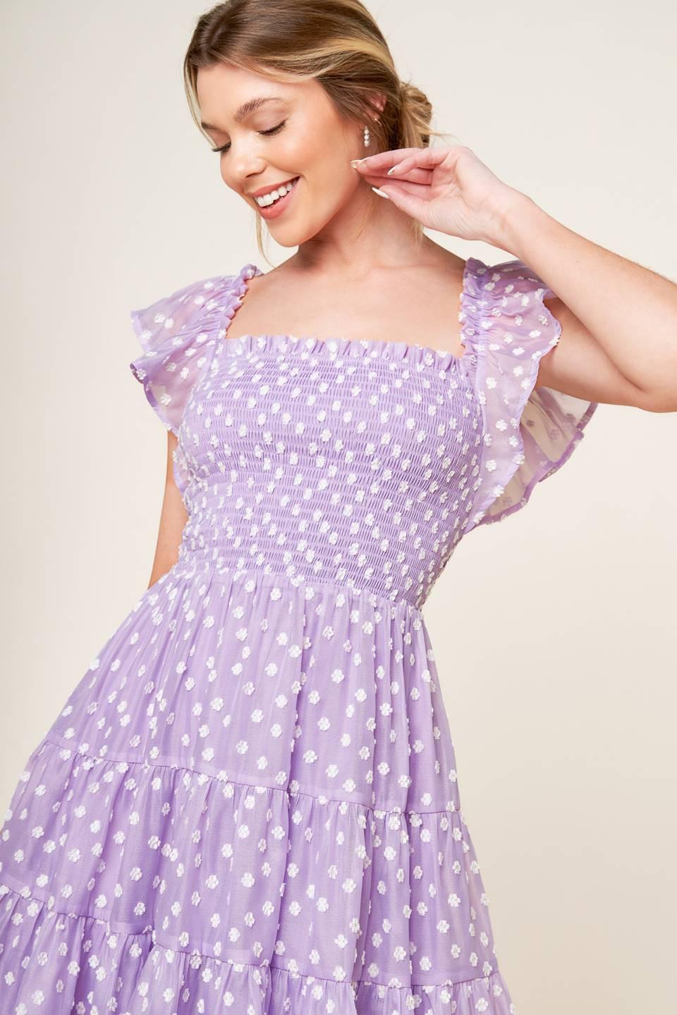 PLAYFULLY POSH LAVENDER WOVEN MINI DRESS.