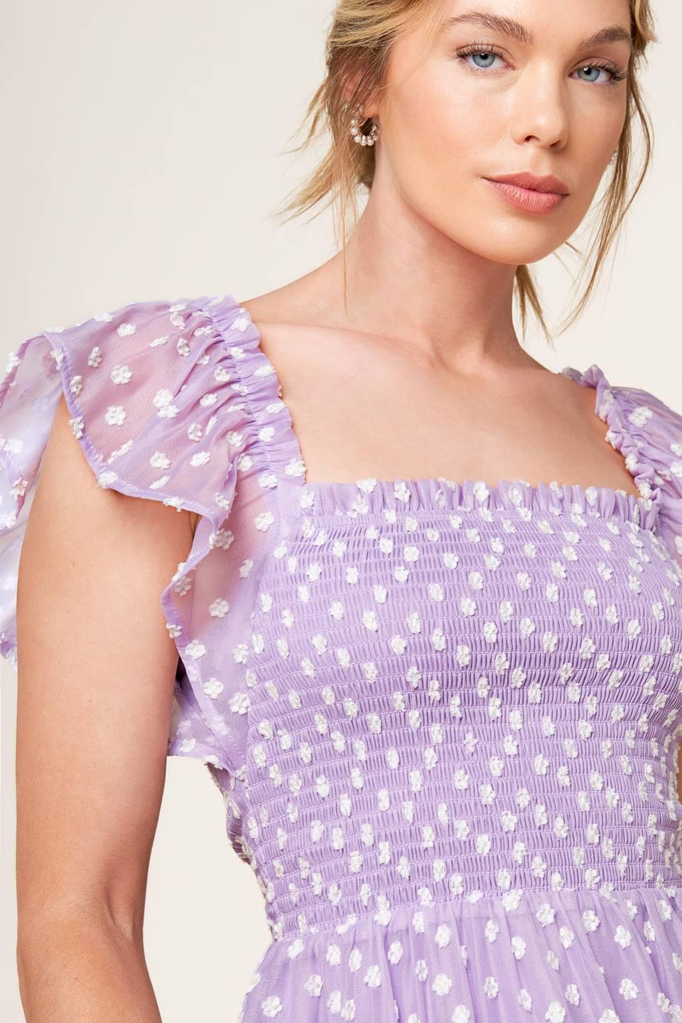 PLAYFULLY POSH LAVENDER WOVEN MINI DRESS.