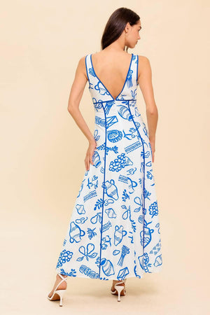 A printed woven ankle dress featuring V neckline with front bow tie, sleeveless, full skirt and plunging V back with zipper closure