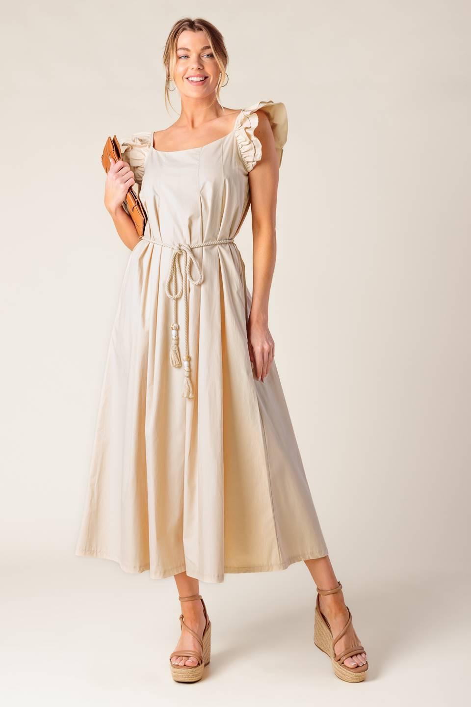 CHAMPAGNE TOAST TAUPE WOVEN MIDI DRESS.
