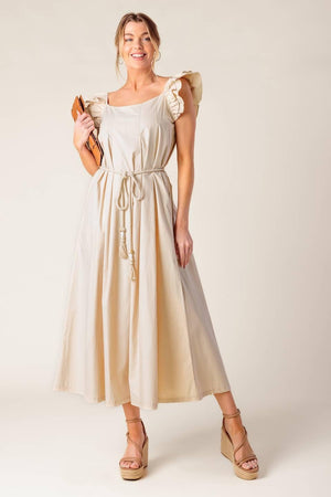 CHAMPAGNE TOAST TAUPE WOVEN MIDI DRESS.