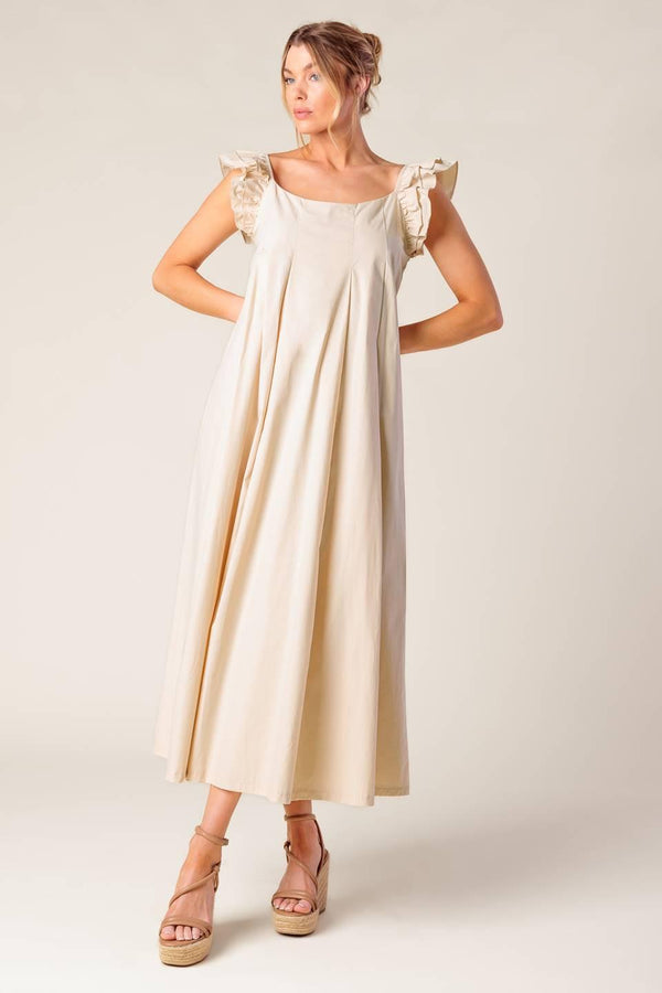 CHAMPAGNE TOAST TAUPE WOVEN MIDI DRESS.