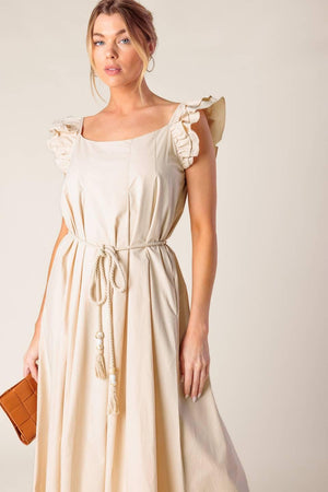 CHAMPAGNE TOAST TAUPE WOVEN MIDI DRESS.
