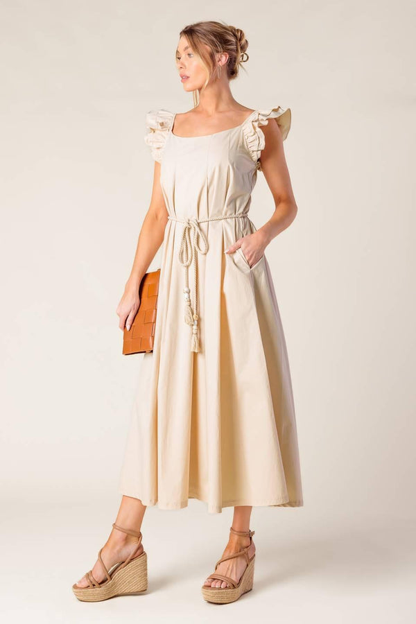 CHAMPAGNE TOAST TAUPE WOVEN MIDI DRESS.
