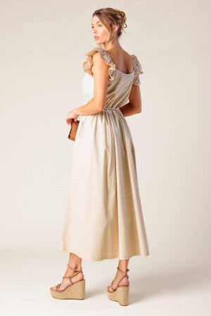 CHAMPAGNE TOAST TAUPE WOVEN MIDI DRESS.