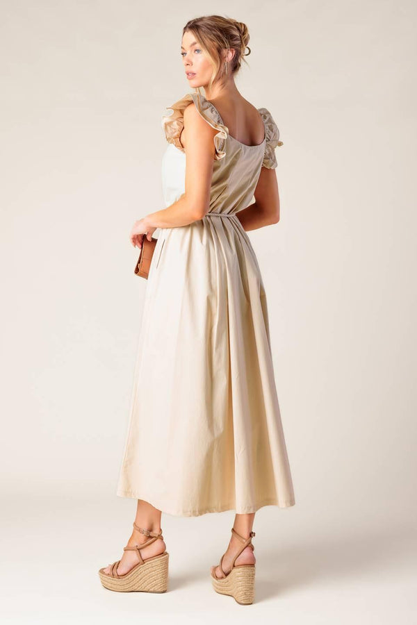 CHAMPAGNE TOAST TAUPE WOVEN MIDI DRESS.
